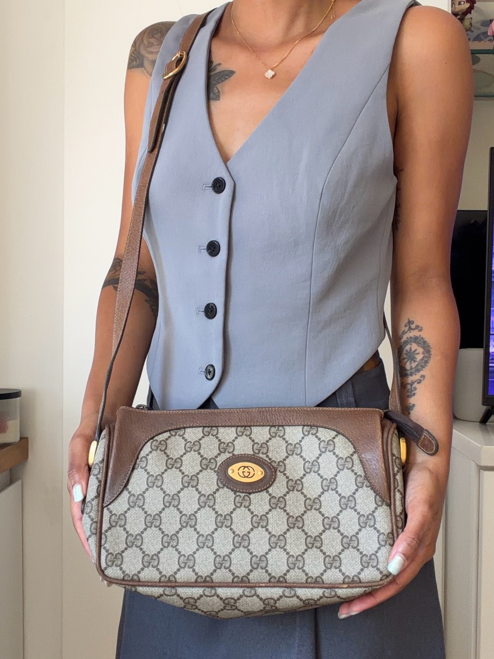 Gucci Beige GG Supreme Canvas Crossbody with Brown Leather Trim